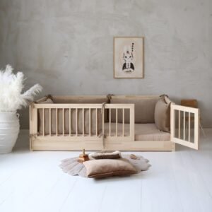 Natural wood toddler bed with rails