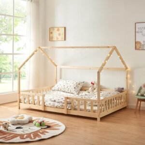 Natural wood house bed with fall protection