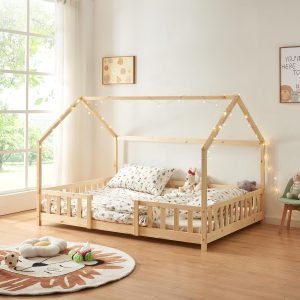 Natural wood house bed with fall protection